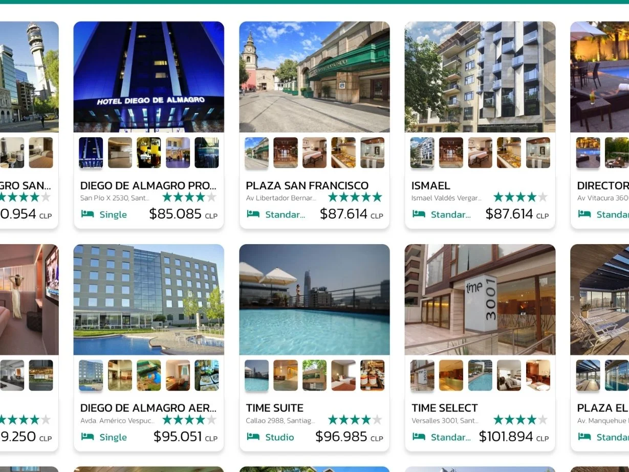 Resultados de búsqueda en la plataforma DTT Travel: hoteles de Santiago de Chile con tarifas netas en pesos chilenos.